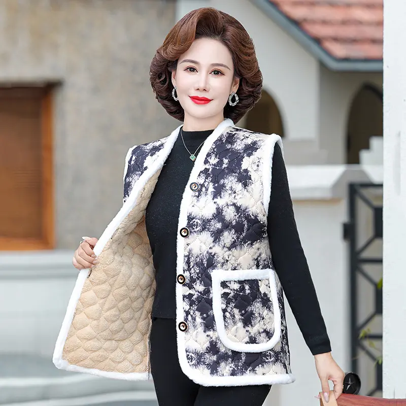 Grandma Vest Women Autumn Winter New 2024 Floral Cotton-padded Jacket Mother Add velvet warm Sleeveless Waistcoat  Coat Female