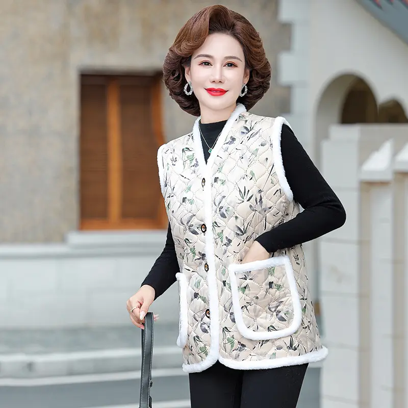 Grandma Vest Women Autumn Winter New 2024 Floral Cotton-padded Jacket Mother Add velvet warm Sleeveless Waistcoat  Coat Female