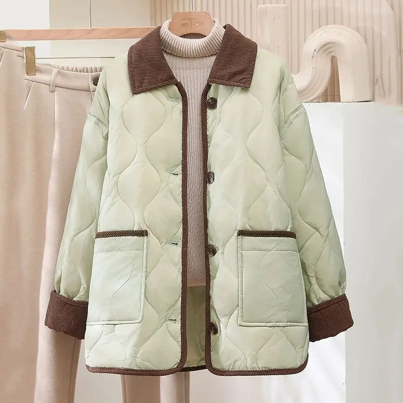 lapel Corduroy Diamond Grid Lightweight Cotton Jacket Women's 2025 Autumn Winter New Cotton-Padded Parkas Warm Coat Female Tops