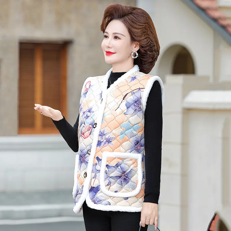 Grandma Vest Women Autumn Winter New 2024 Floral Cotton-padded Jacket Mother Add velvet warm Sleeveless Waistcoat  Coat Female