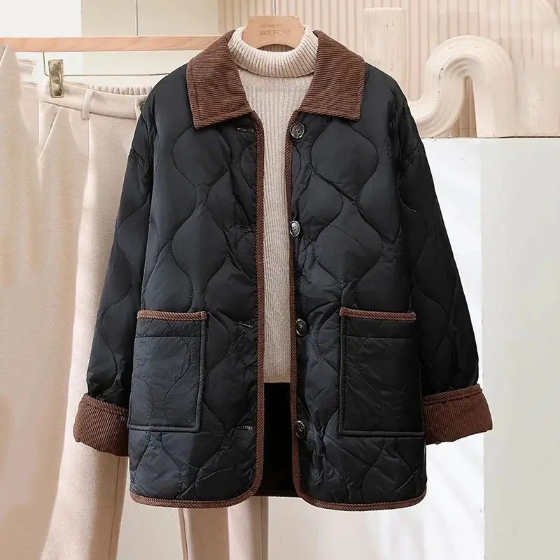 lapel Corduroy Diamond Grid Lightweight Cotton Jacket Women's 2025 Autumn Winter New Cotton-Padded Parkas Warm Coat Female Tops