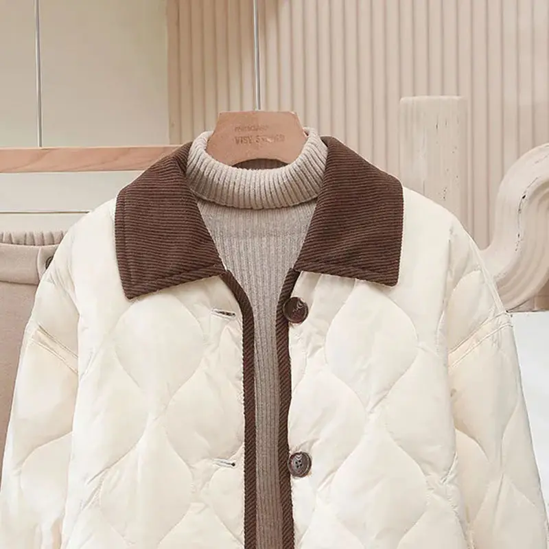 lapel Corduroy Diamond Grid Lightweight Cotton Jacket Women's 2025 Autumn Winter New Cotton-Padded Parkas Warm Coat Female Tops