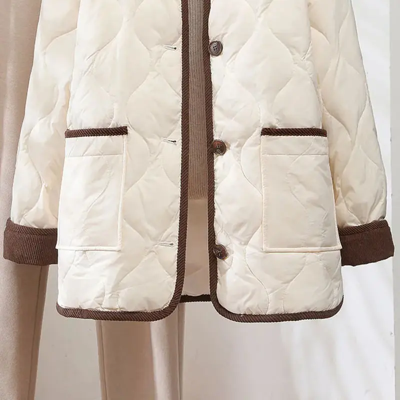 lapel Corduroy Diamond Grid Lightweight Cotton Jacket Women's 2025 Autumn Winter New Cotton-Padded Parkas Warm Coat Female Tops