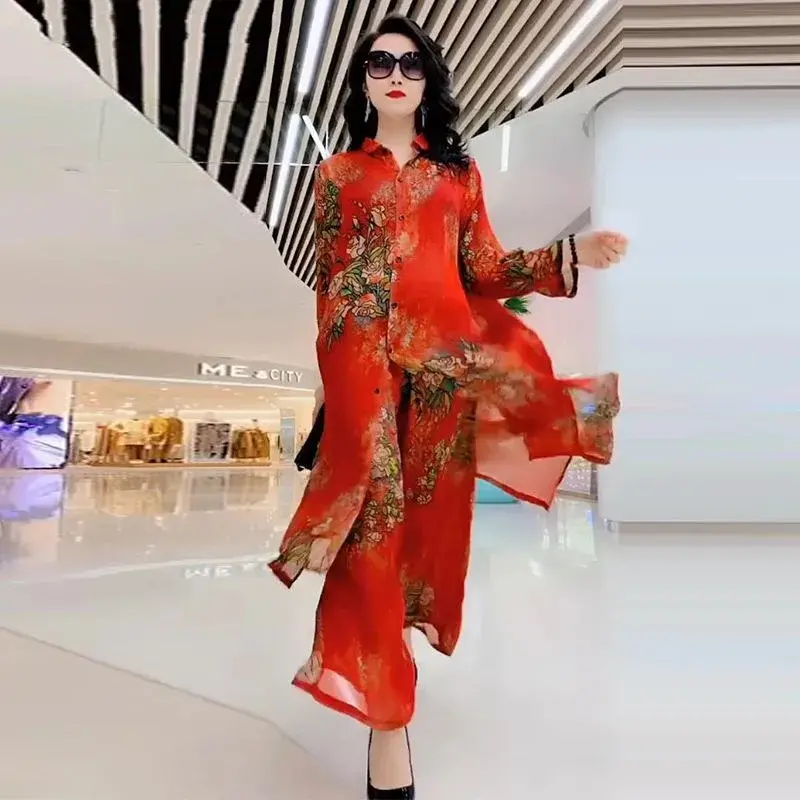 Summer Fashion Temperament Mulberry Silk Coat Tops + Wide Leg Pants Women Two-Piece 2023New Casual Elegant Mid Aged Female Sets