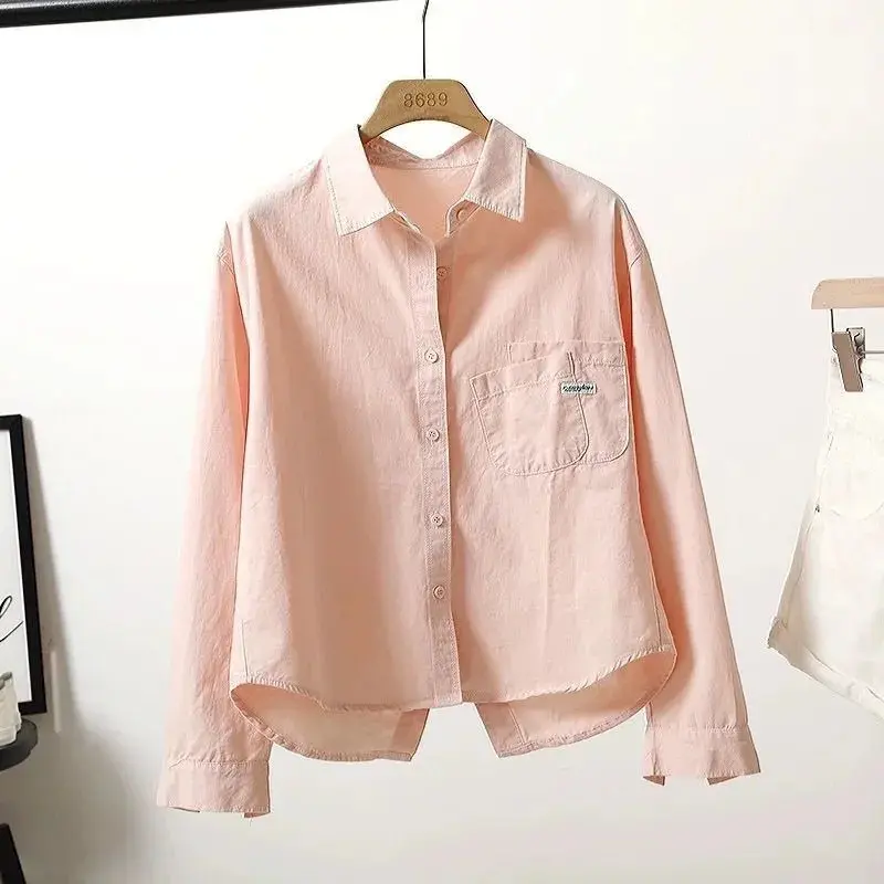 Cotton Shirt Women's 2025 Spring Summer New Coat Folded Pocket Back Split Short Jacket Korean Leisure Outside Female Blouse Tide