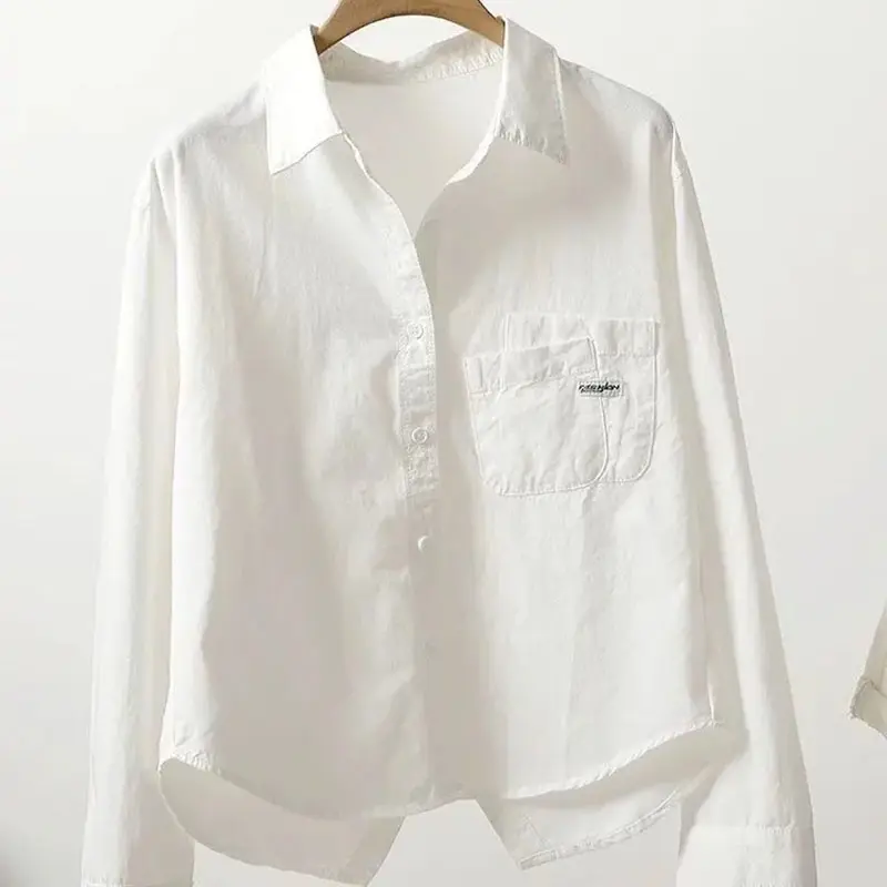 Cotton Shirt Women's 2025 Spring Summer New Coat Folded Pocket Back Split Short Jacket Korean Leisure Outside Female Blouse Tide