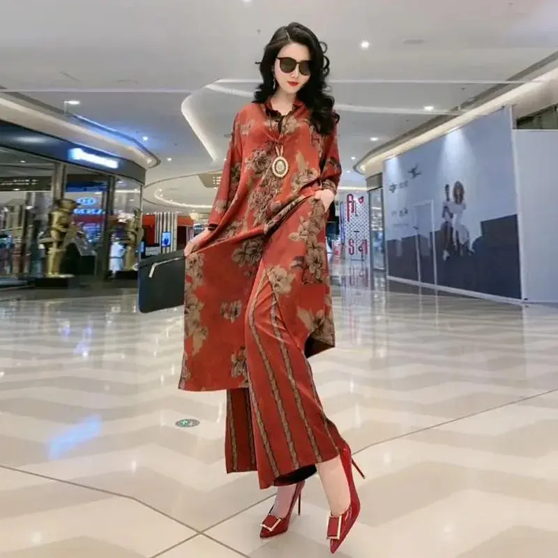 Summer Fashion Temperament Mulberry Silk Coat Tops + Wide Leg Pants Women Two-Piece 2023New Casual Elegant Mid Aged Female Sets
