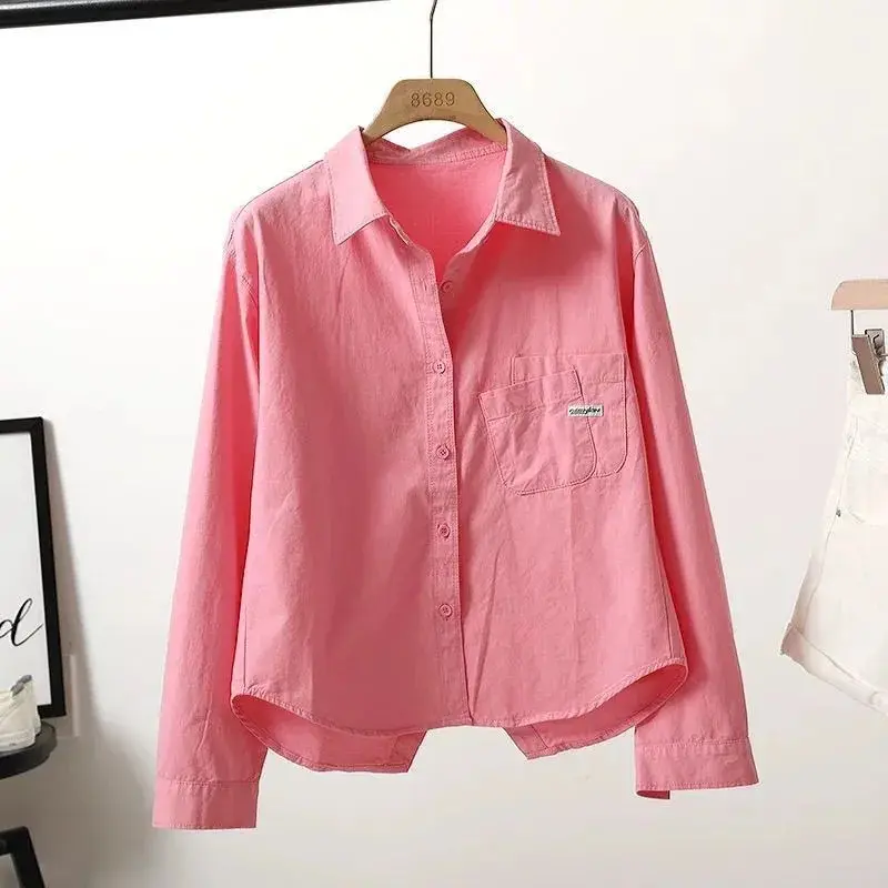 Cotton Shirt Women's 2025 Spring Summer New Coat Folded Pocket Back Split Short Jacket Korean Leisure Outside Female Blouse Tide