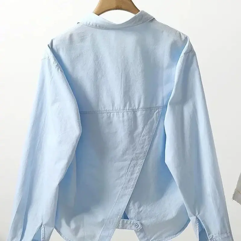 Cotton Shirt Women's 2025 Spring Summer New Coat Folded Pocket Back Split Short Jacket Korean Leisure Outside Female Blouse Tide