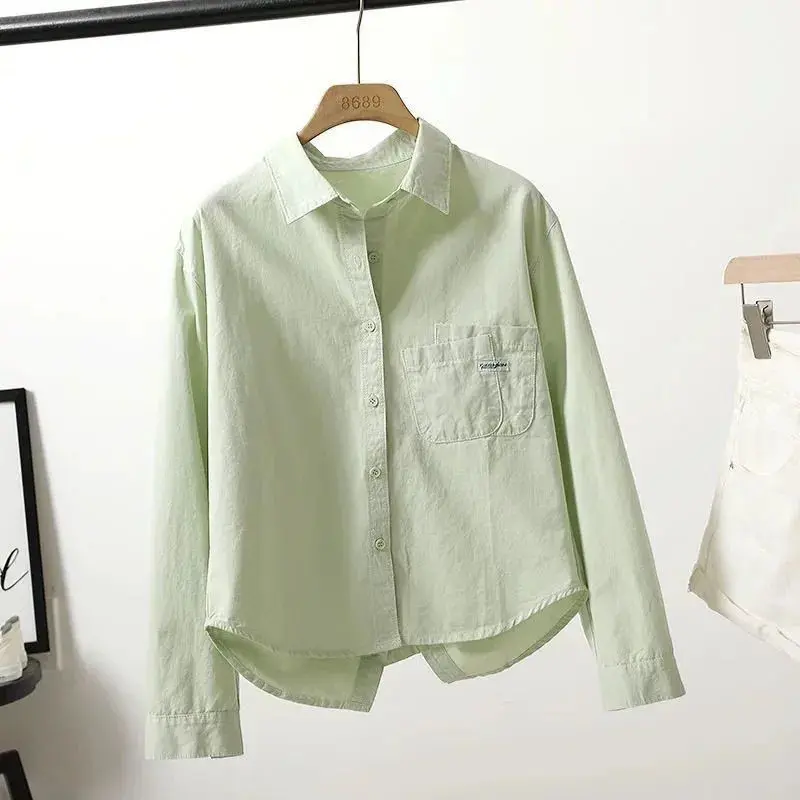 Cotton Shirt Women's 2025 Spring Summer New Coat Folded Pocket Back Split Short Jacket Korean Leisure Outside Female Blouse Tide