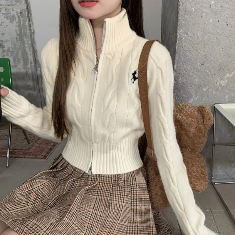 Autumn Winter Knitted Cardigan Sweater Women Unique Long-Sleeved Short  Casual All-Match Zipper Embroidery Knit Female Sweater