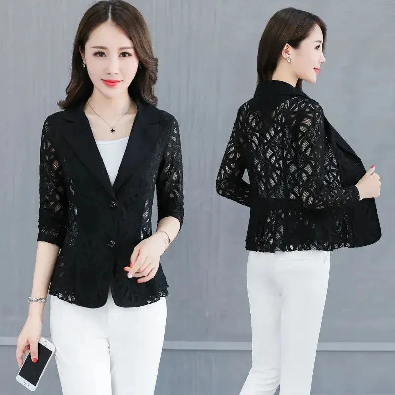 Women's Blazer Jacket Korean 2025 Spring Summer New Slim Lace printing Small Suit Jackets Female Elegant Thin Blazers Women Coat