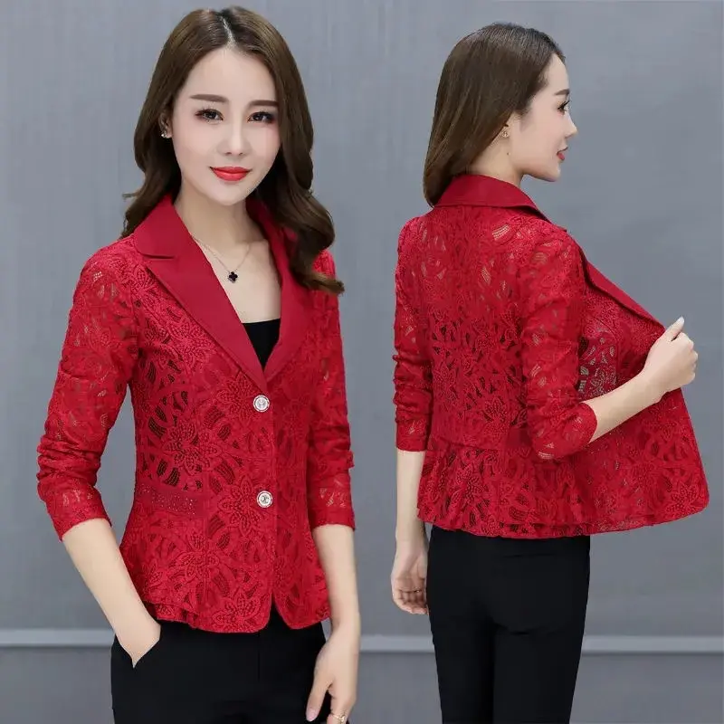 Women's Blazer Jacket Korean 2025 Spring Summer New Slim Lace printing Small Suit Jackets Female Elegant Thin Blazers Women Coat