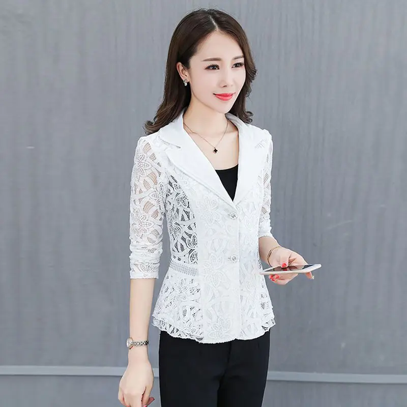 Women's Blazer Jacket Korean 2025 Spring Summer New Slim Lace printing Small Suit Jackets Female Elegant Thin Blazers Women Coat
