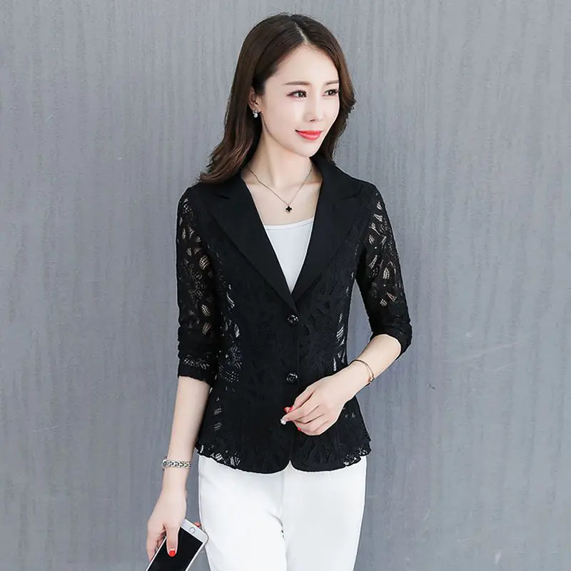 Women's Blazer Jacket Korean 2025 Spring Summer New Slim Lace printing Small Suit Jackets Female Elegant Thin Blazers Women Coat