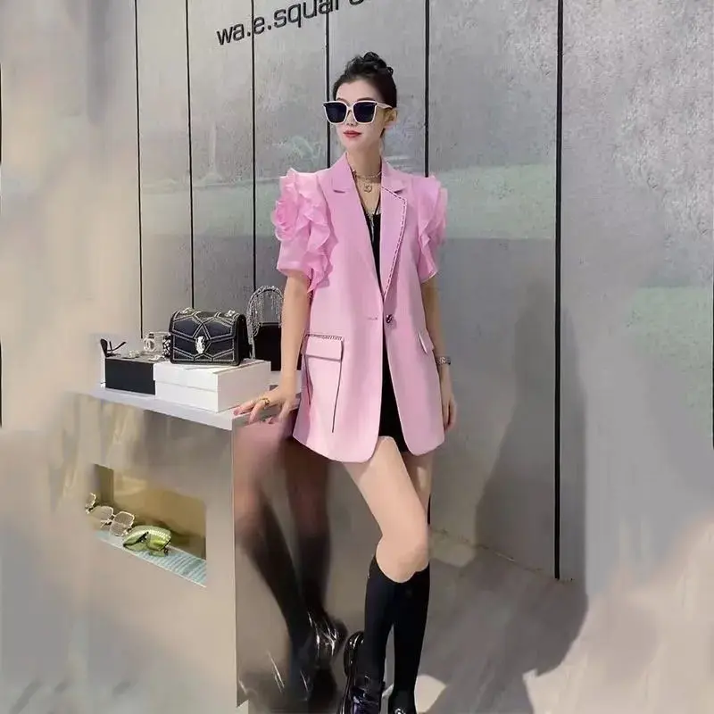 Short Sleeved Chiffon Suit Jacket Women Spring Summer New Blazer Coat Female High-End Versatile Breathable Outerwear Ladies Tops