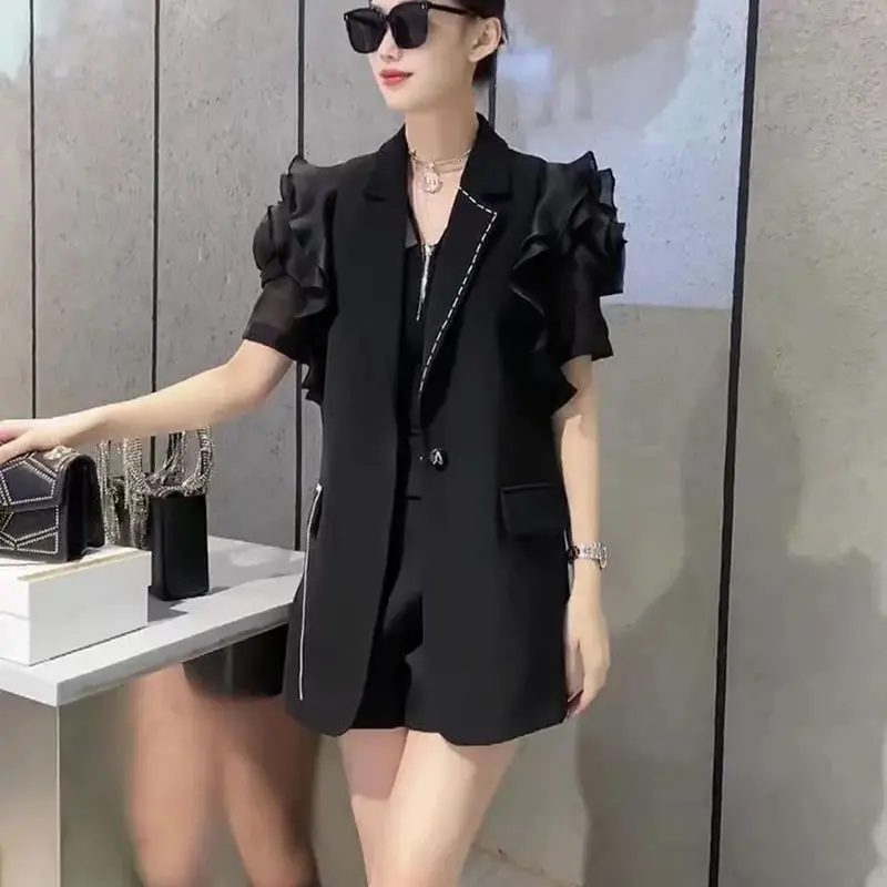 Short Sleeved Chiffon Suit Jacket Women Spring Summer New Blazer Coat Female High-End Versatile Breathable Outerwear Ladies Tops