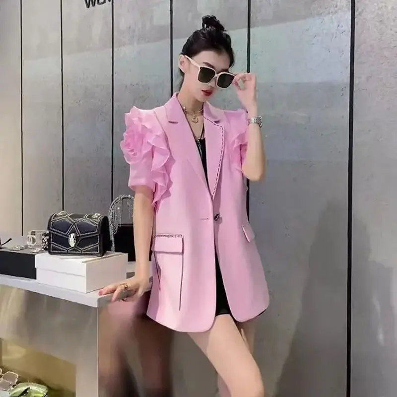 Short Sleeved Chiffon Suit Jacket Women Spring Summer New Blazer Coat Female High-End Versatile Breathable Outerwear Ladies Tops