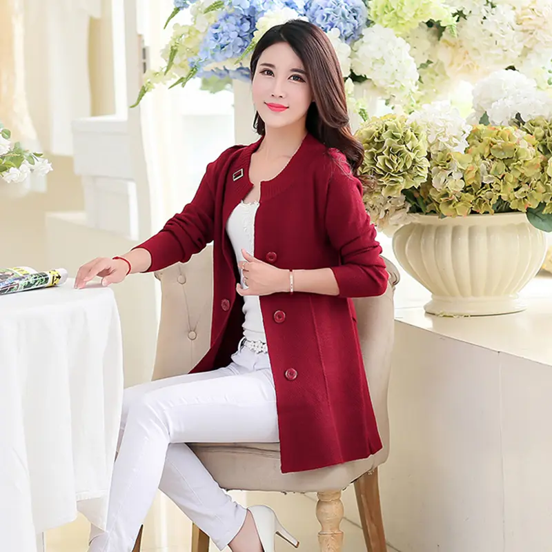 2025 New Spring Autumn Cardigan Sweater Jacket Women Loose Mid Long Double-Breasted Knitted Coat Female Casual Overcoat Ladies