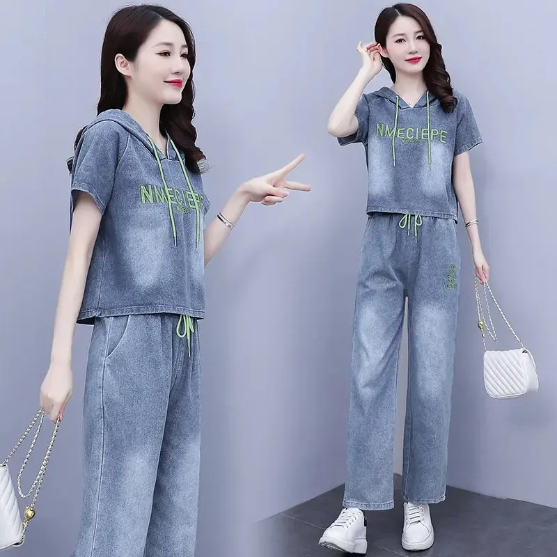 Denim Suit Women 2025 New Summer Cowboy 2 Piece Set Korean Fashion office Denim Outfit Female Casual Ladies Jeans Two-Piece