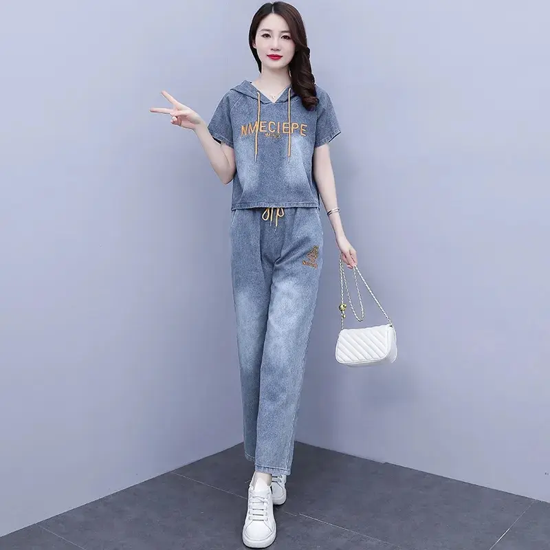Denim Suit Women 2025 New Summer Cowboy 2 Piece Set Korean Fashion office Denim Outfit Female Casual Ladies Jeans Two-Piece