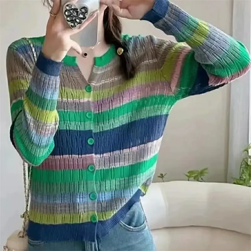 2025 New Autumn Women Sweater Korean Short Fashion Stitching striped Knitwear Cardigan Lady  Long Sleeve Sweater Ladies Top