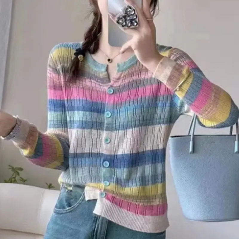 2025 New Autumn Women Sweater Korean Short Fashion Stitching striped Knitwear Cardigan Lady  Long Sleeve Sweater Ladies Top