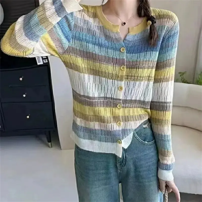 2025 New Autumn Women Sweater Korean Short Fashion Stitching striped Knitwear Cardigan Lady  Long Sleeve Sweater Ladies Top