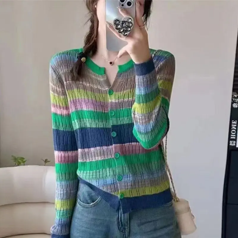 2025 New Autumn Women Sweater Korean Short Fashion Stitching striped Knitwear Cardigan Lady  Long Sleeve Sweater Ladies Top