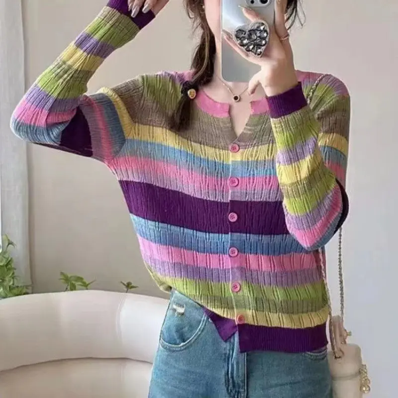 2025 New Autumn Women Sweater Korean Short Fashion Stitching striped Knitwear Cardigan Lady  Long Sleeve Sweater Ladies Top