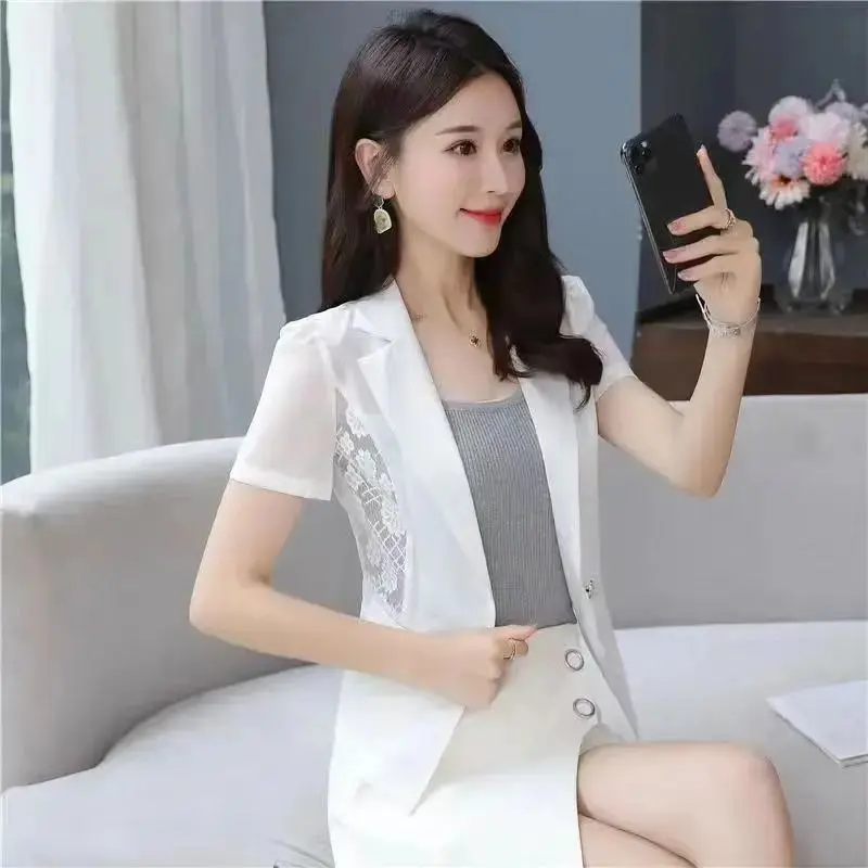 Hollow Lace Women Blazer Jacket Summer 2025 New Temperament Thin Cardigan Sun Protection Clothing Ladies Short Sleeve Suit Tops