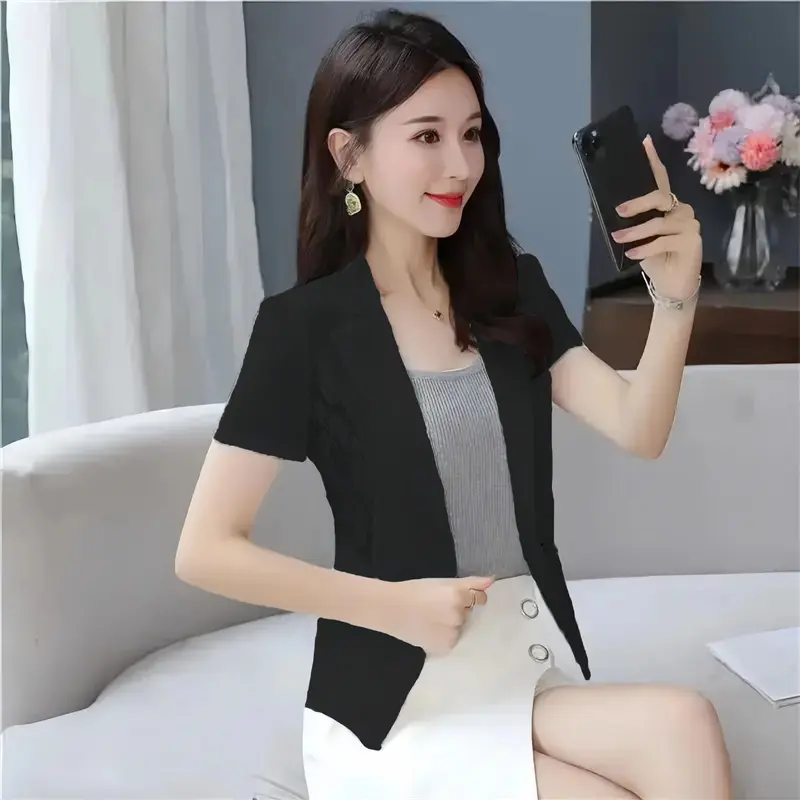 Hollow Lace Women Blazer Jacket Summer 2025 New Temperament Thin Cardigan Sun Protection Clothing Ladies Short Sleeve Suit Tops