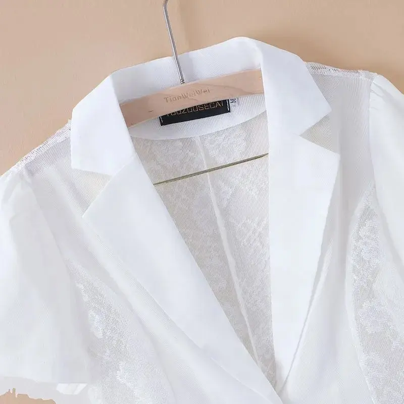 Hollow Lace Women Blazer Jacket Summer 2025 New Temperament Thin Cardigan Sun Protection Clothing Ladies Short Sleeve Suit Tops