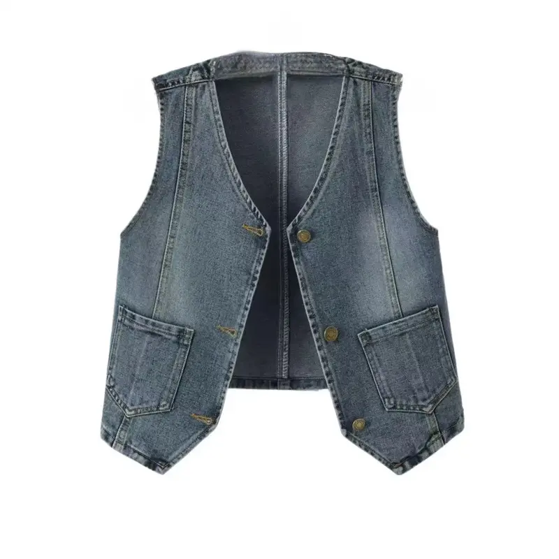 2025 Spring Autumn New Retro Denim Vest Women's Short Outfit Stacked Camback Vest Sleeveless Cowboy Waistcoat Top Ladies