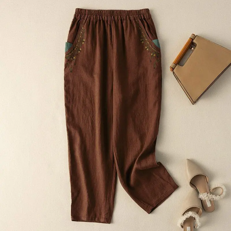 New Cotton and Linen Retro Embroidered Radish Pants Womens Summer Straight Leg Harem Pants Ladies Loose Solid Color Casual Pants