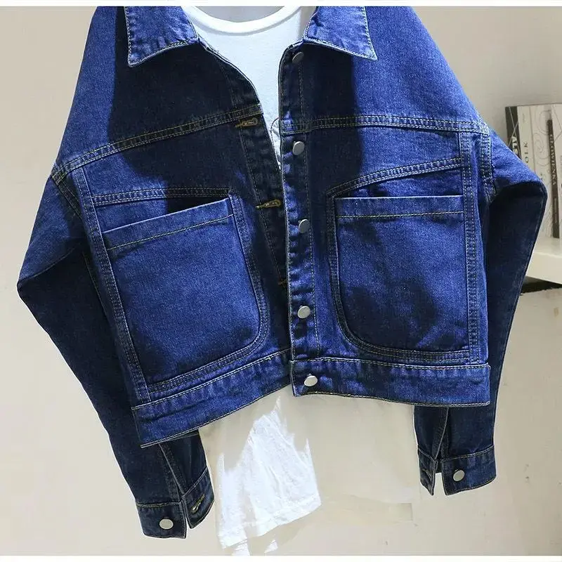 Deep Blue Short Denim Jacket Fashion Women Denim Coat 2025 New Spring Autumn Versatile Loose Ladies Jeans Outerwear Female Tops
