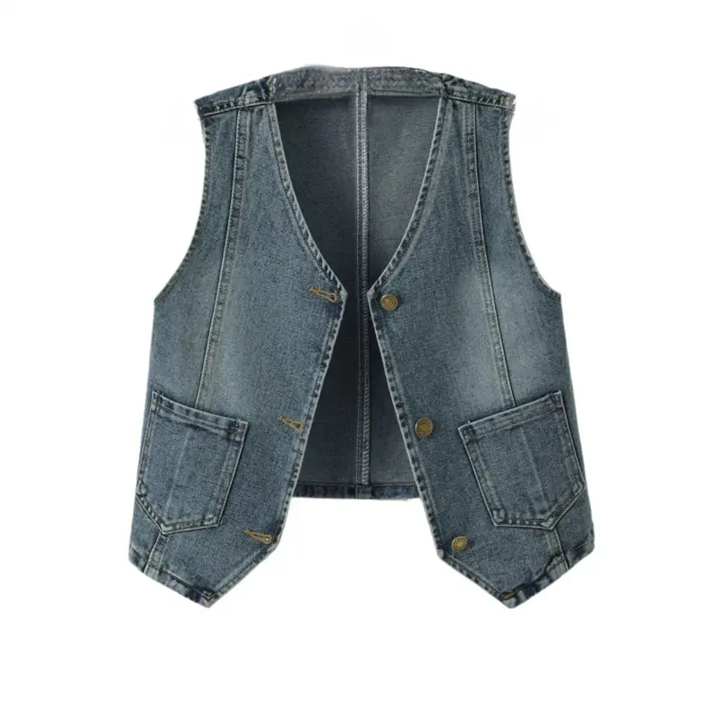 2025 Spring Autumn New Retro Denim Vest Women's Short Outfit Stacked Camback Vest Sleeveless Cowboy Waistcoat Top Ladies