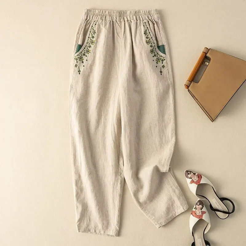 New Cotton and Linen Retro Embroidered Radish Pants Womens Summer Straight Leg Harem Pants Ladies Loose Solid Color Casual Pants