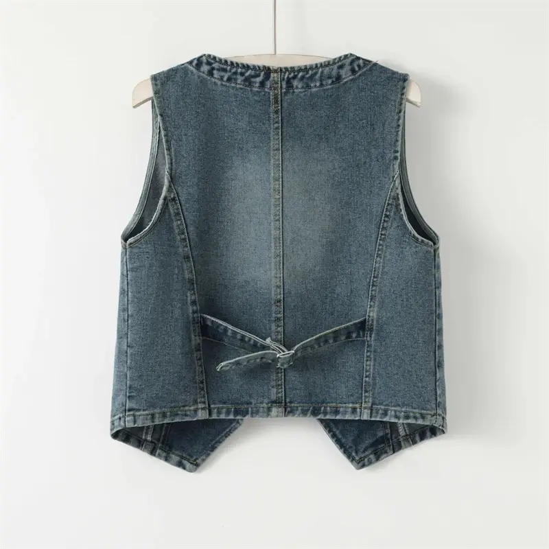 2025 Spring Autumn New Retro Denim Vest Women's Short Outfit Stacked Camback Vest Sleeveless Cowboy Waistcoat Top Ladies