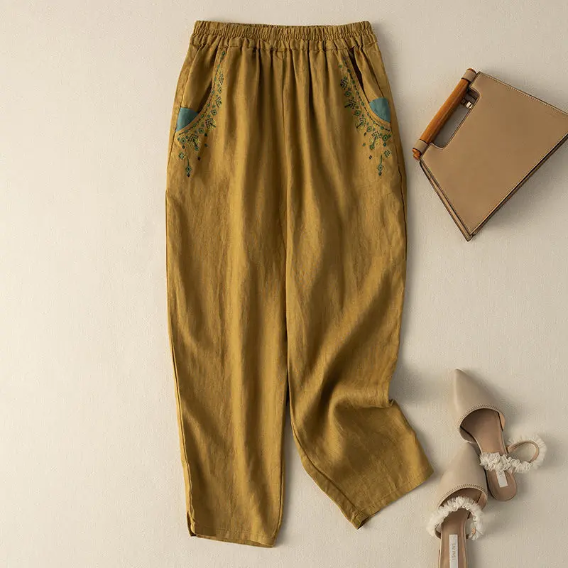 New Cotton and Linen Retro Embroidered Radish Pants Womens Summer Straight Leg Harem Pants Ladies Loose Solid Color Casual Pants