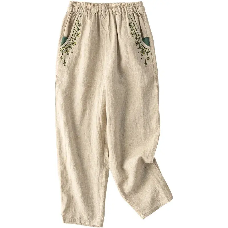 New Cotton and Linen Retro Embroidered Radish Pants Womens Summer Straight Leg Harem Pants Ladies Loose Solid Color Casual Pants