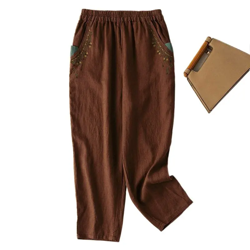 New Cotton and Linen Retro Embroidered Radish Pants Womens Summer Straight Leg Harem Pants Ladies Loose Solid Color Casual Pants