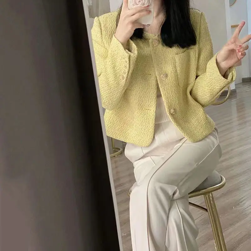 Spring Autumn Women Tweed Jacket 2025 New Mid-Aged High quality Long Sleeve Single-Breasted Lady Short Elegant Wool Coat Female