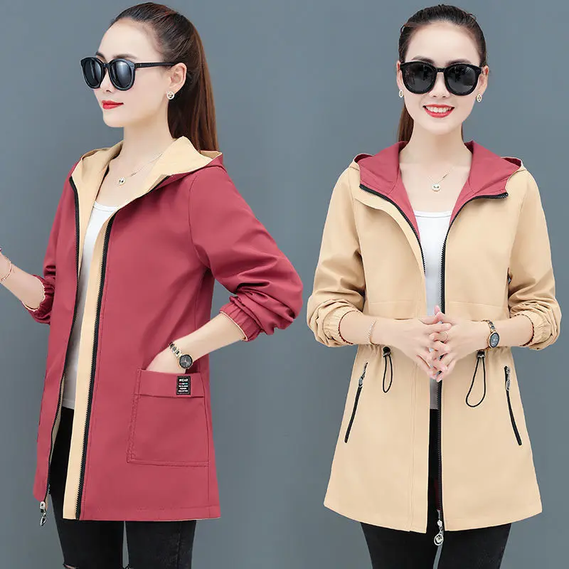 New 2025 Women Jacket Spring Autumn Hooded Coat Casual Windbreaker Female Double-sided Wear Zippers Basic Jacket Ladies Outerwea