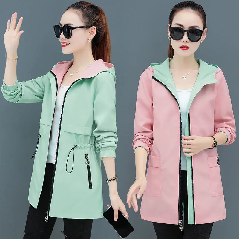 New 2025 Women Jacket Spring Autumn Hooded Coat Casual Windbreaker Female Double-sided Wear Zippers Basic Jacket Ladies Outerwea