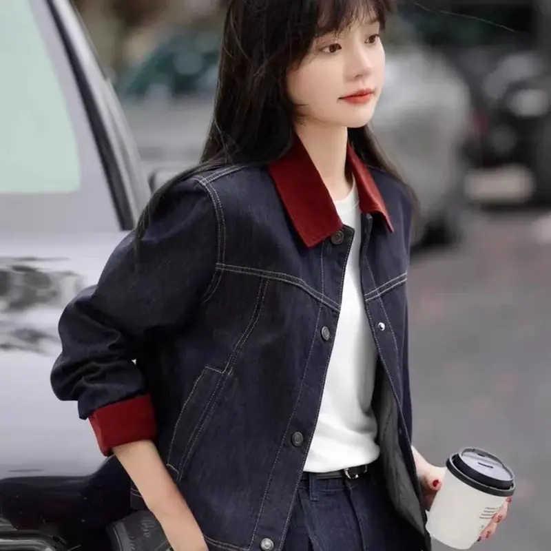 Fashion Spring Autumn New Loose Korean Slim Denim Coat Women Retro Long Sleeves Short Splicing Contrast Color Jean Jacket Female