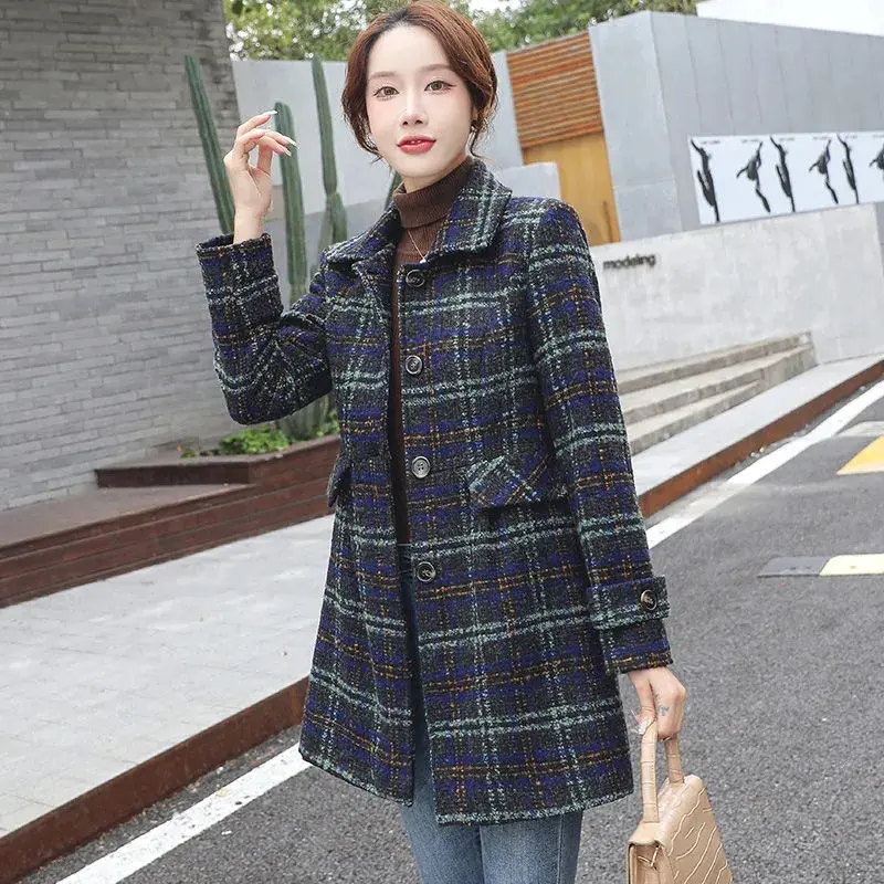 Lattice Woolen Coat Women's 2025 New Autumn Winter Fashion Mid-Length Lapel Single-Breasted Woolen Coat Ladies Woolen Outerwear