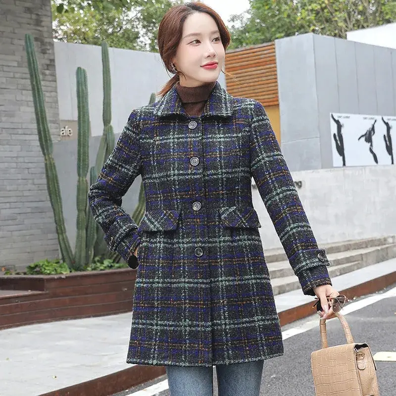 Lattice Woolen Coat Women's 2025 New Autumn Winter Fashion Mid-Length Lapel Single-Breasted Woolen Coat Ladies Woolen Outerwear
