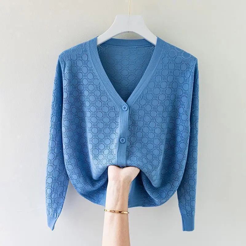 2025 New V-neck Ice Silk Sweater women's Cardigan Hollow Loose Summer Thin Long Sleeve Shawl Coat Female Knitwear Tops