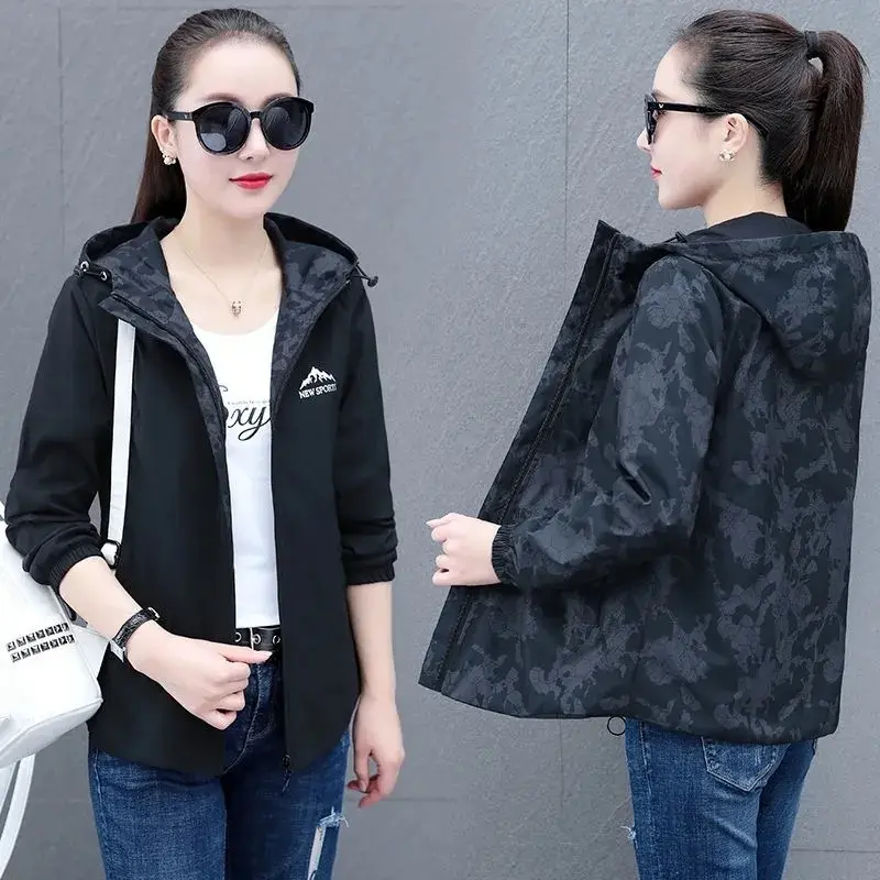 2025 New High Quality Double-Sided Windbreaker Women's Coat Spring Autumn Korean Loose Hooded Baseball Jacket Female Tops 4XL
